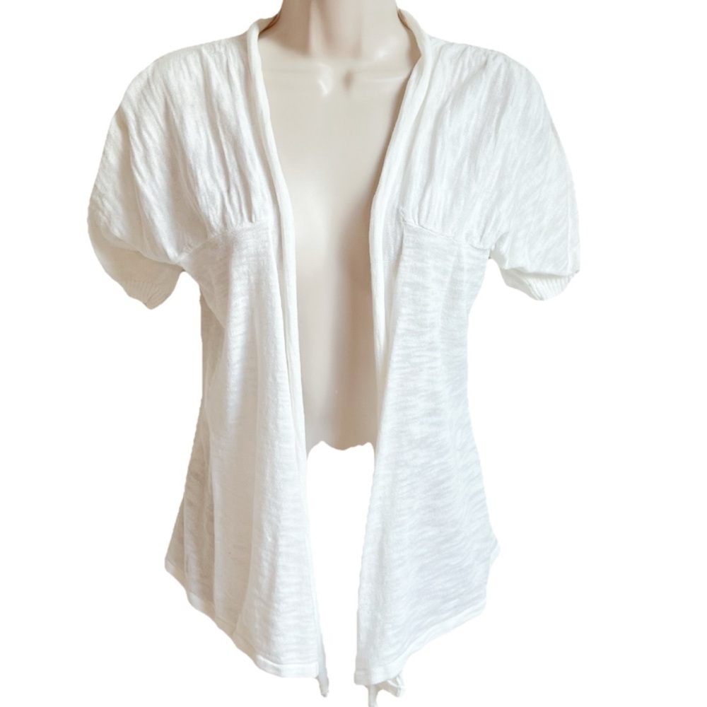 Take Out Short Sleeve Knit Cropped Open Cardigan Sweater Lightweight White Small